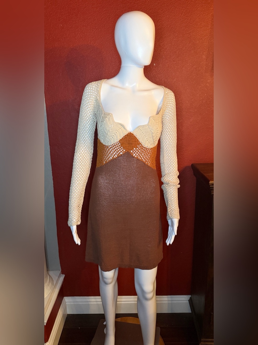 STAUD Jocelyn Mixed Stitch Crochet Long Sleeve Mini Dress Neutral. Size L - Picture 3 of 10